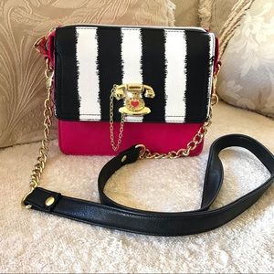 Betsey Johnson “Call Me” Stripe Black, White, Pink Crossbody Purse